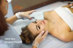 Woman having Hi-Fu to reduce wrinkles Wrexham.