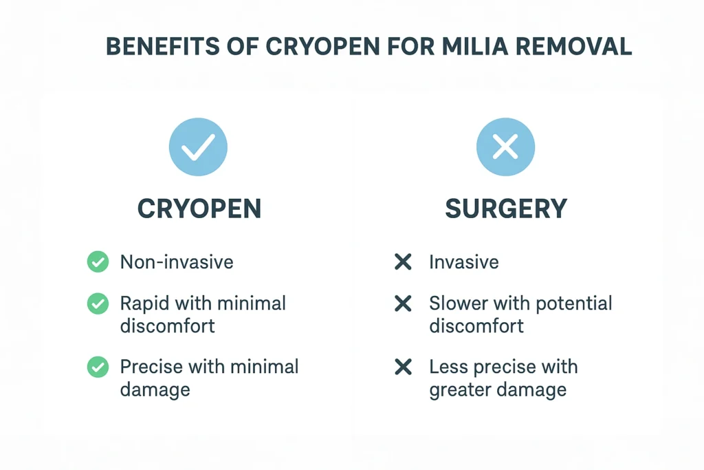 Benefits of cryopen for milia removal Wrexham compared to surgical treatments.