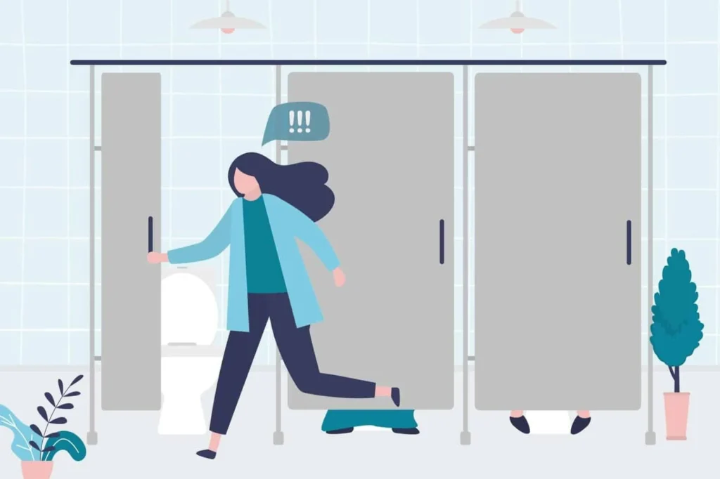 graphic of Urine incontinence Wrexham woman running to the toilet.