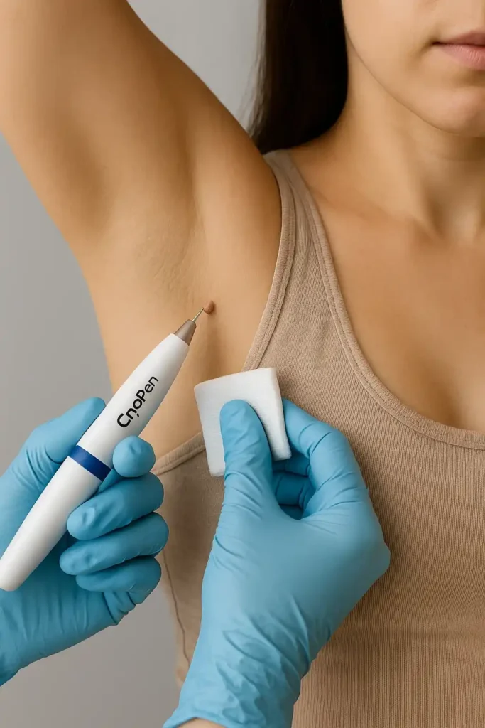 woman having cryopen to remove underarm skin tags Wrexham