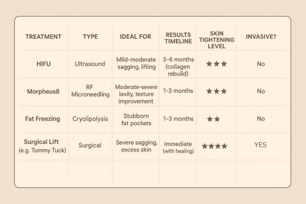 Table showing the comparisons of Skin tightening Wrexham treatment options.